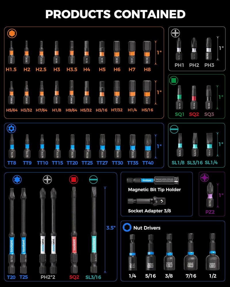 toolant Impact Driver Bit Set,52-Piece S2 Steel Screwdriver Bit Set,Hex,Torx,Phillips,Slotted,Square Bits and Nut Driver with Case - Image 2